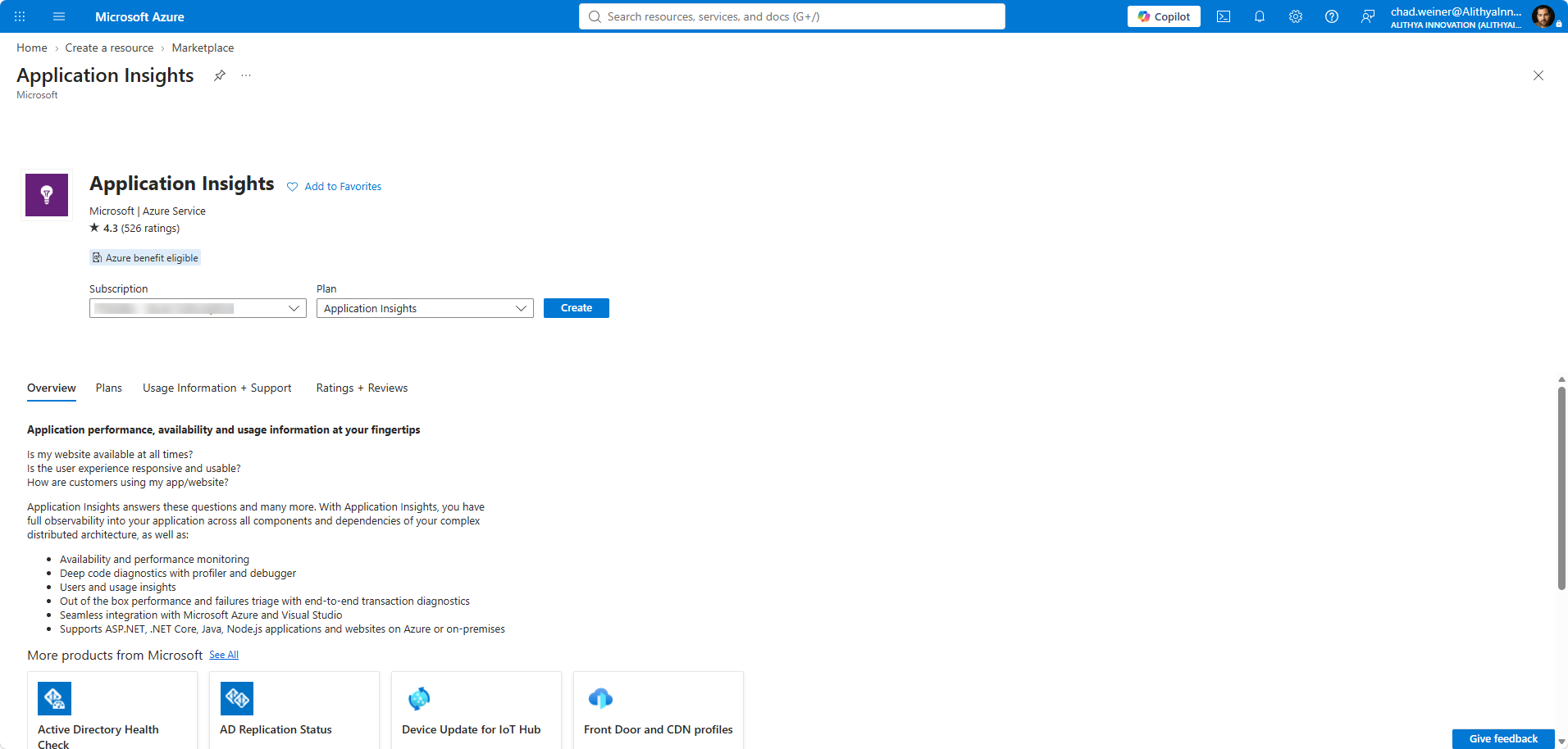 Azure Marketplace page for creating an Application Insights resource
