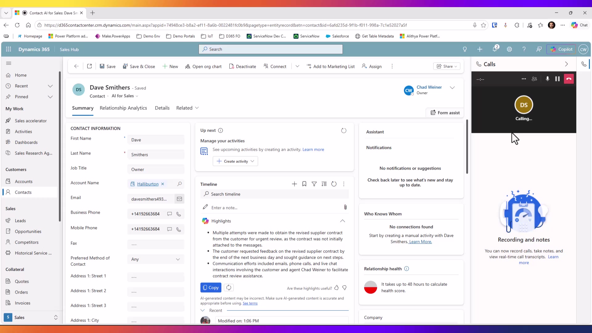 Microsoft Teams call pane open inside Dynamics 365 Sales