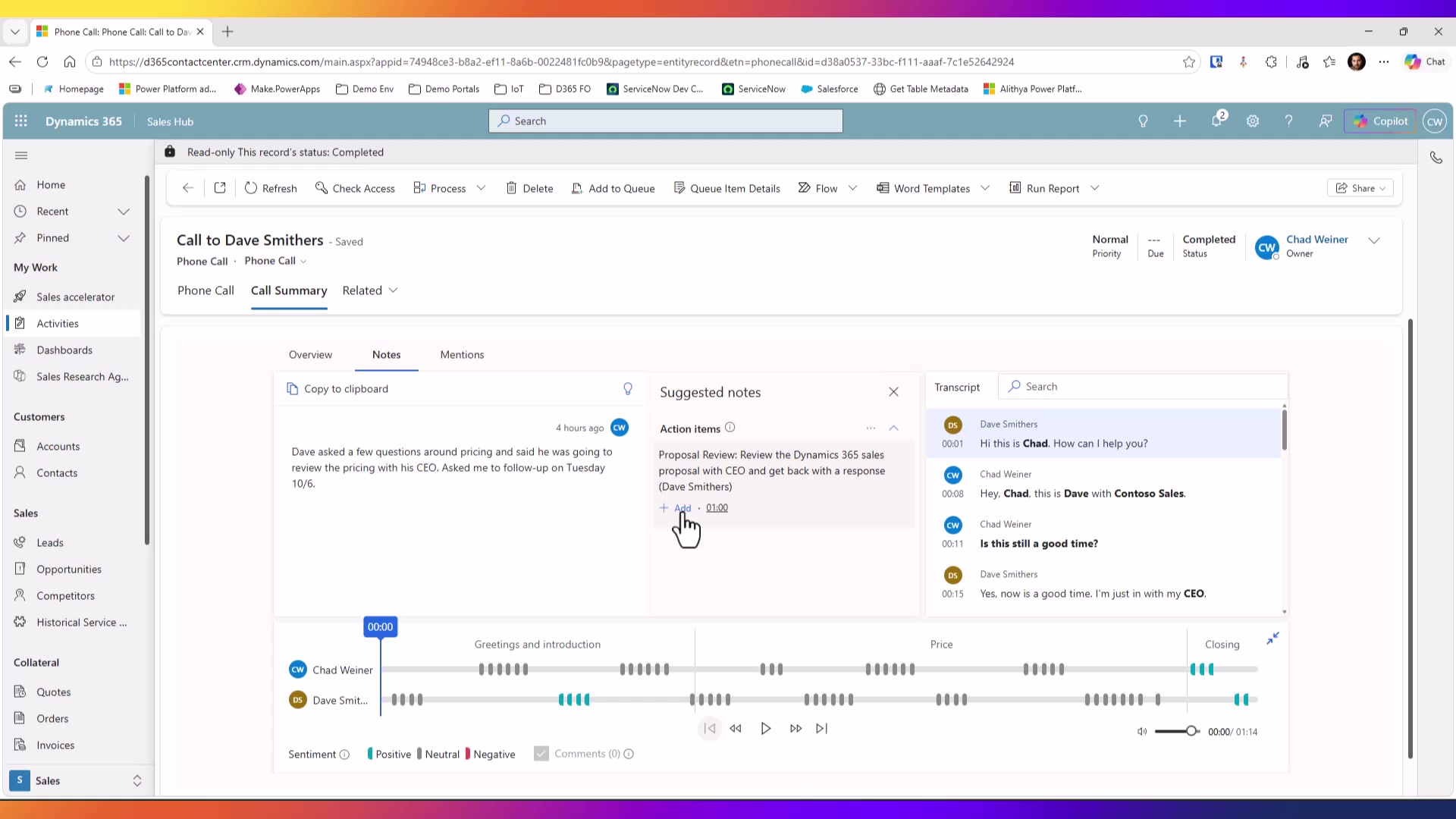 Dynamics 365 Sales phone call record showing notes, action items, transcript, and call timeline