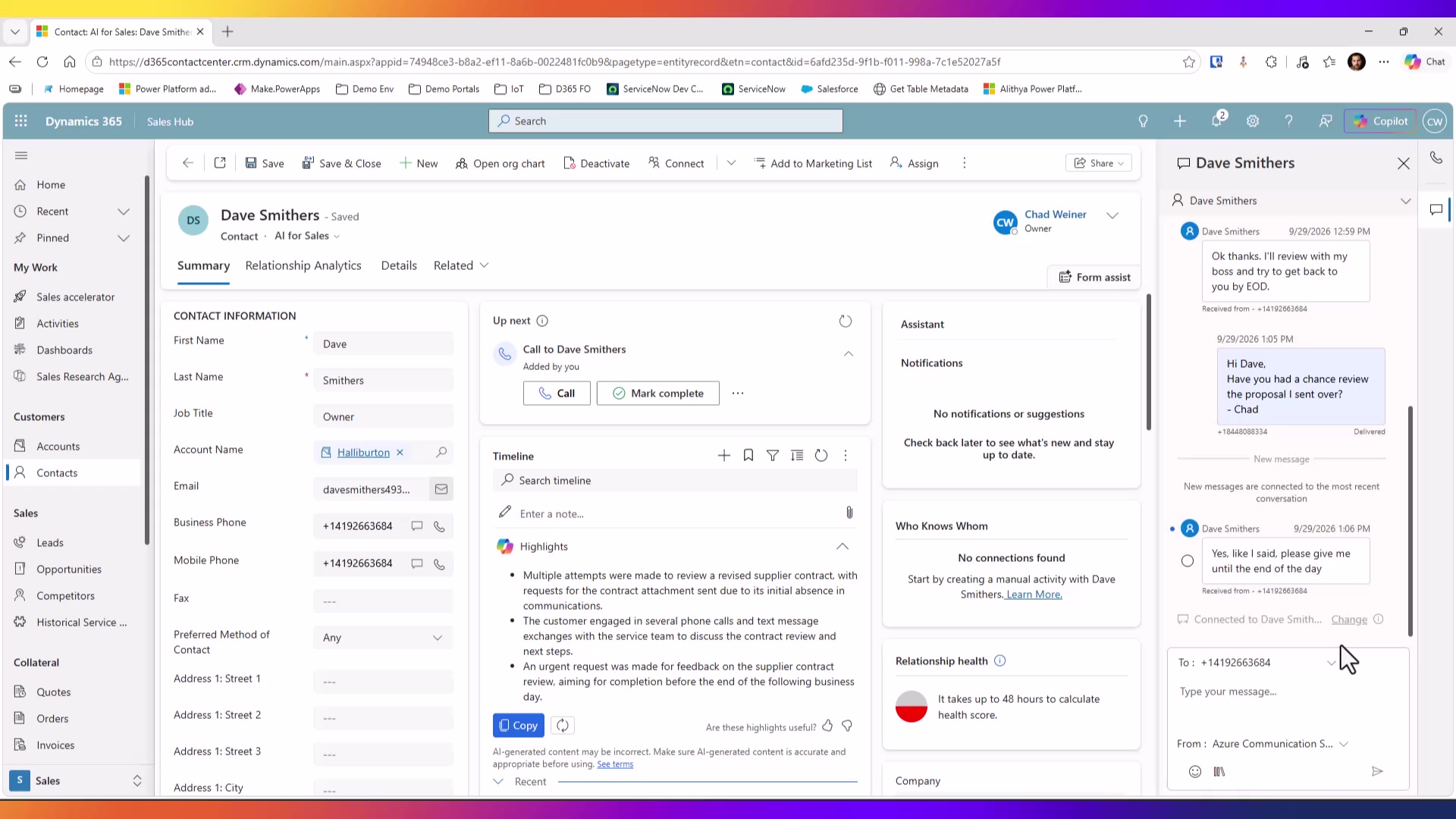 SMS conversation pane open beside a Dynamics 365 Sales record