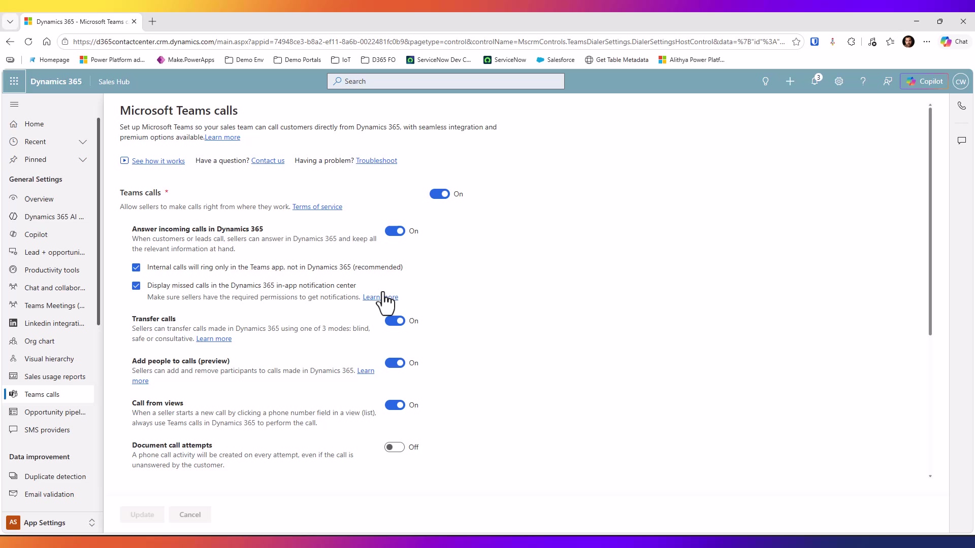 Dynamics 365 Sales Teams calls settings with calling and transfer options enabled