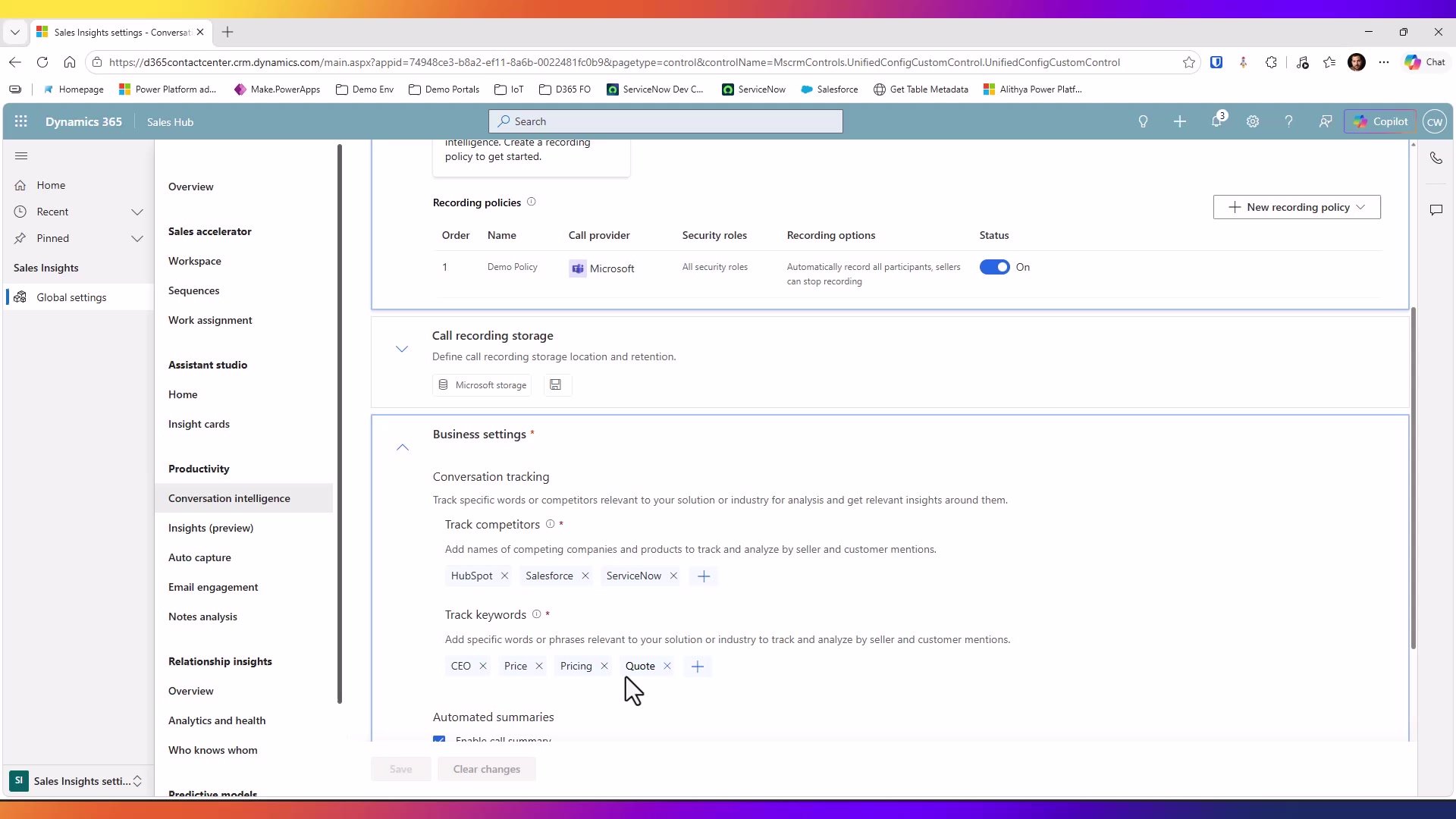 Dynamics 365 Sales Conversation Intelligence settings for recording policies and tracked competitors