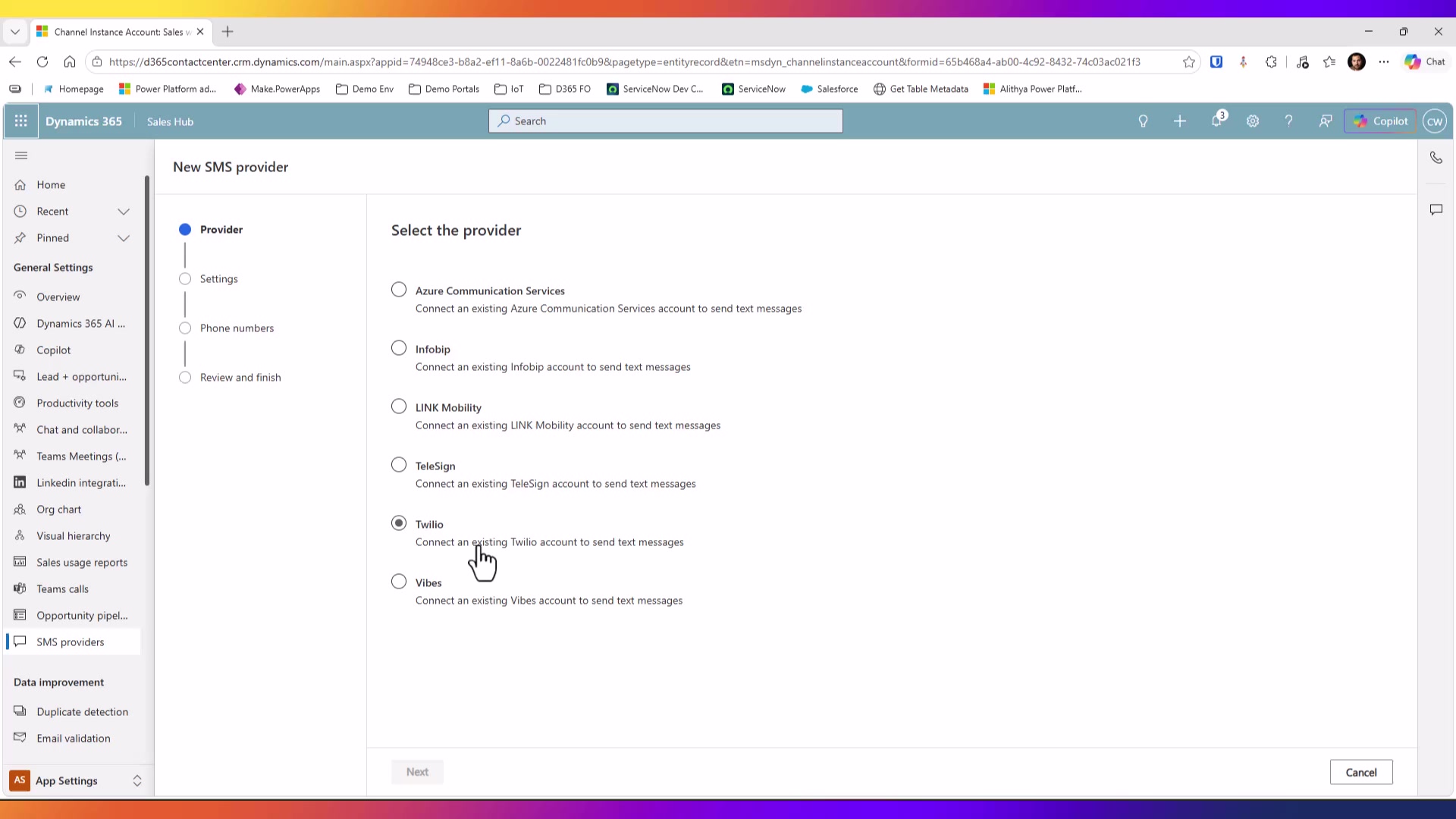 Dynamics 365 Sales SMS provider setup wizard listing supported providers