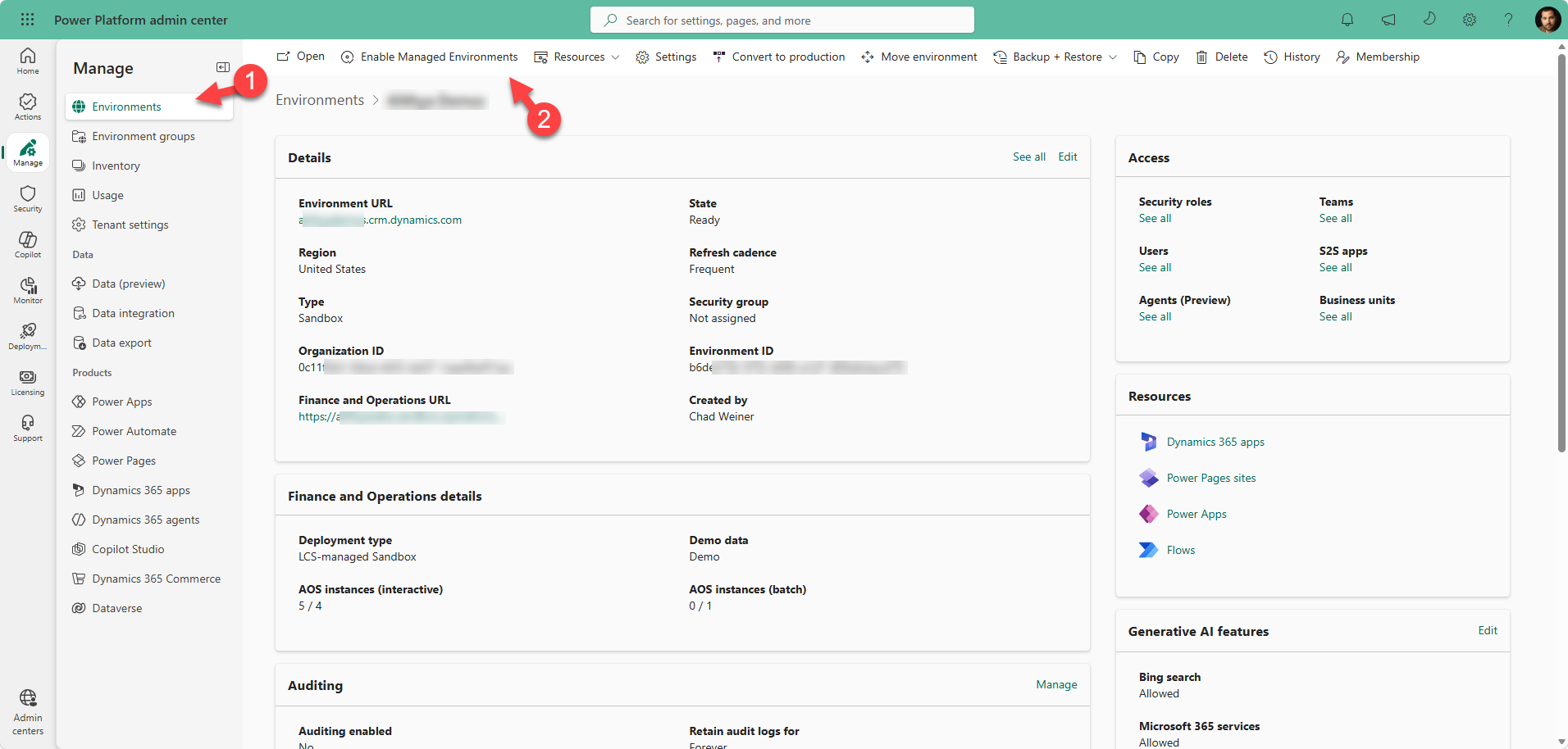 Power Platform admin center showing the Environments area and Enable Managed Environments command