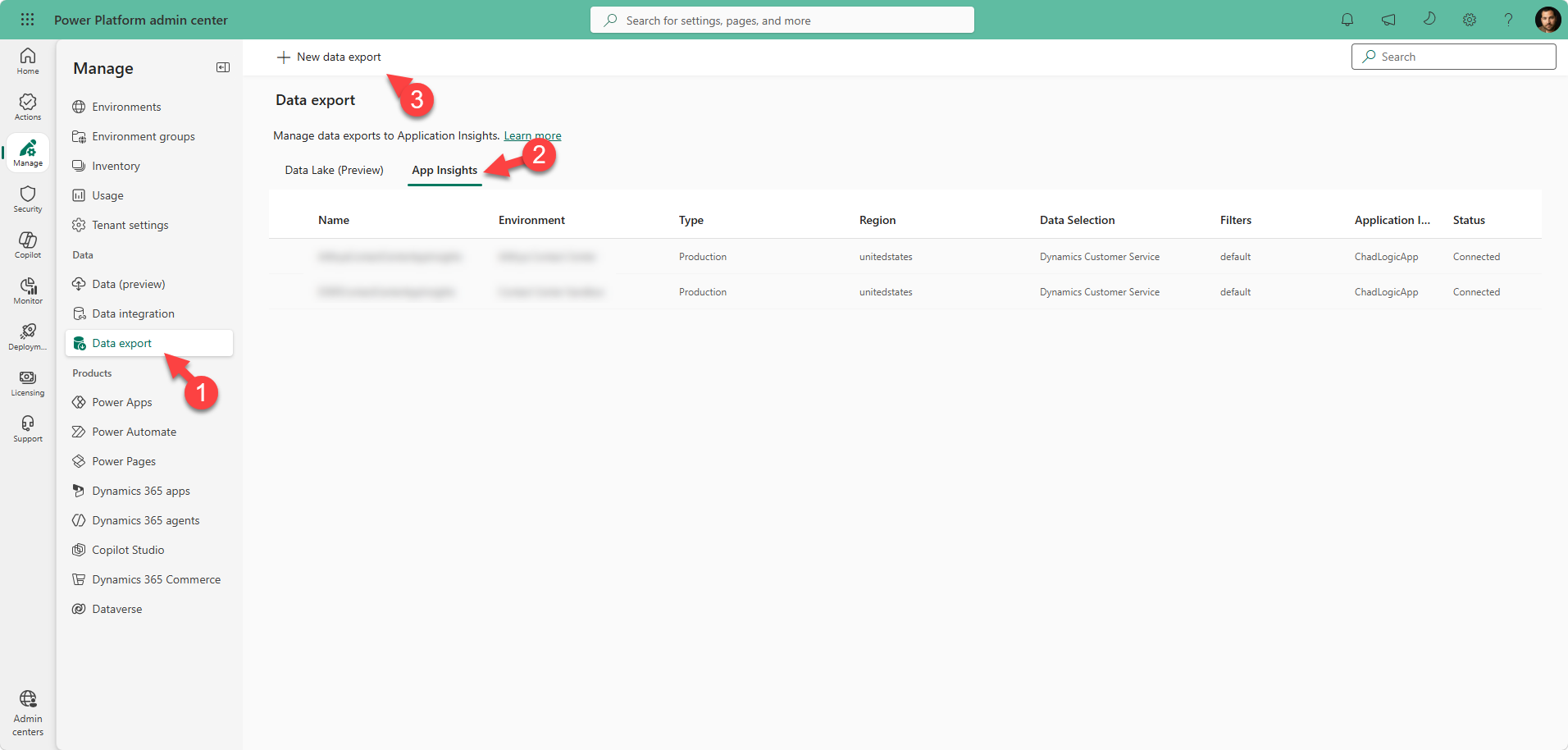 Data export page with Data export, App Insights, and New data export highlighted