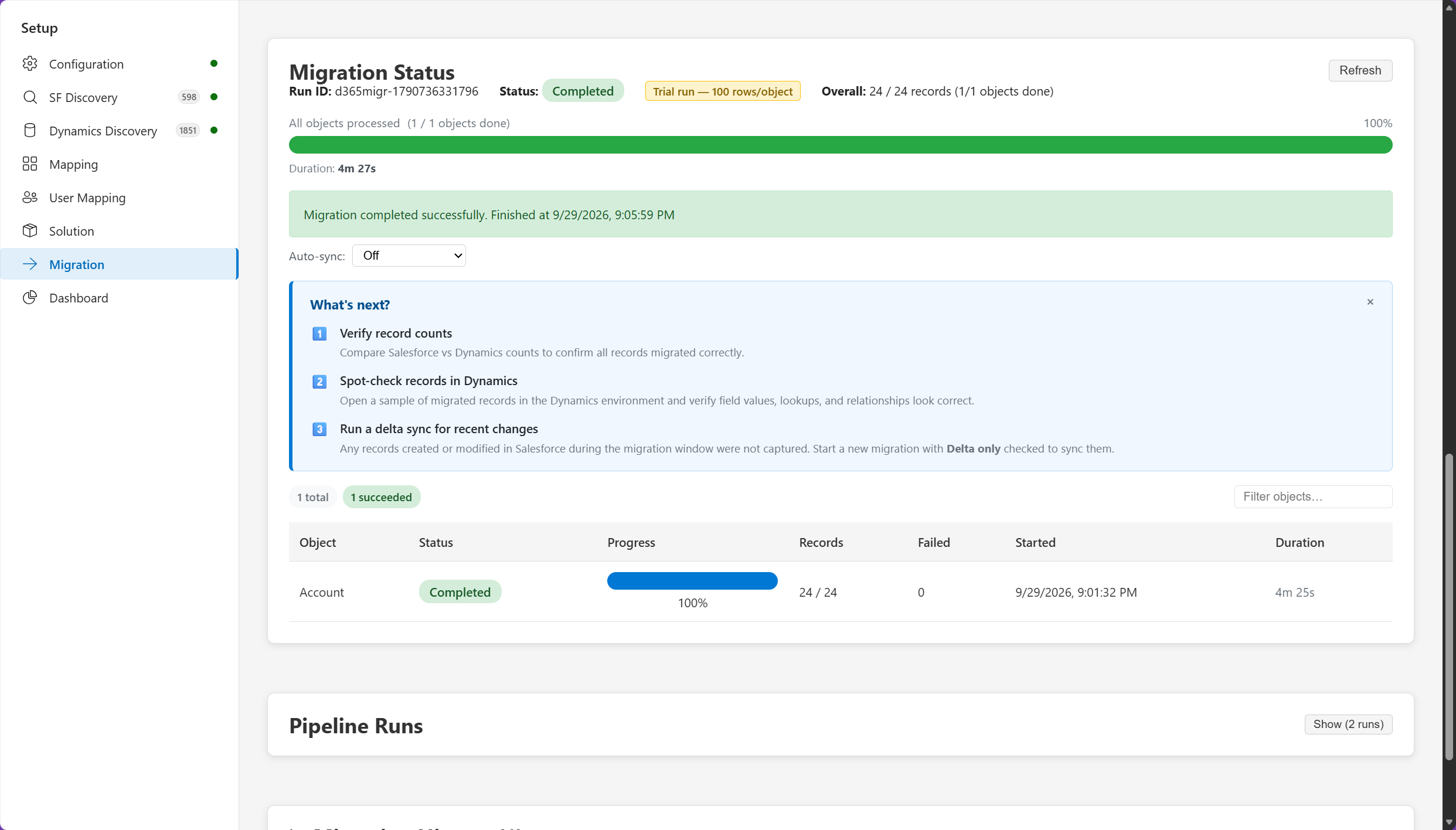 Completed data migration run in Dynamics 365 Activate showing migration status, record counts, and validation next steps