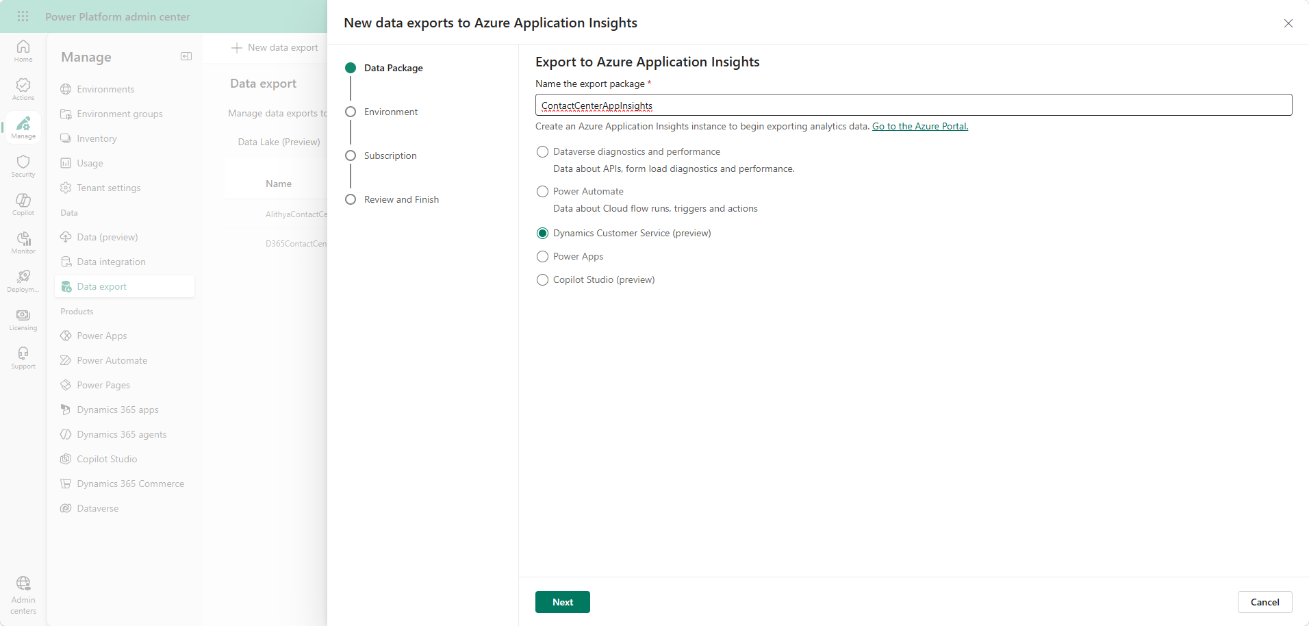 New data export wizard with Dynamics Customer Service selected