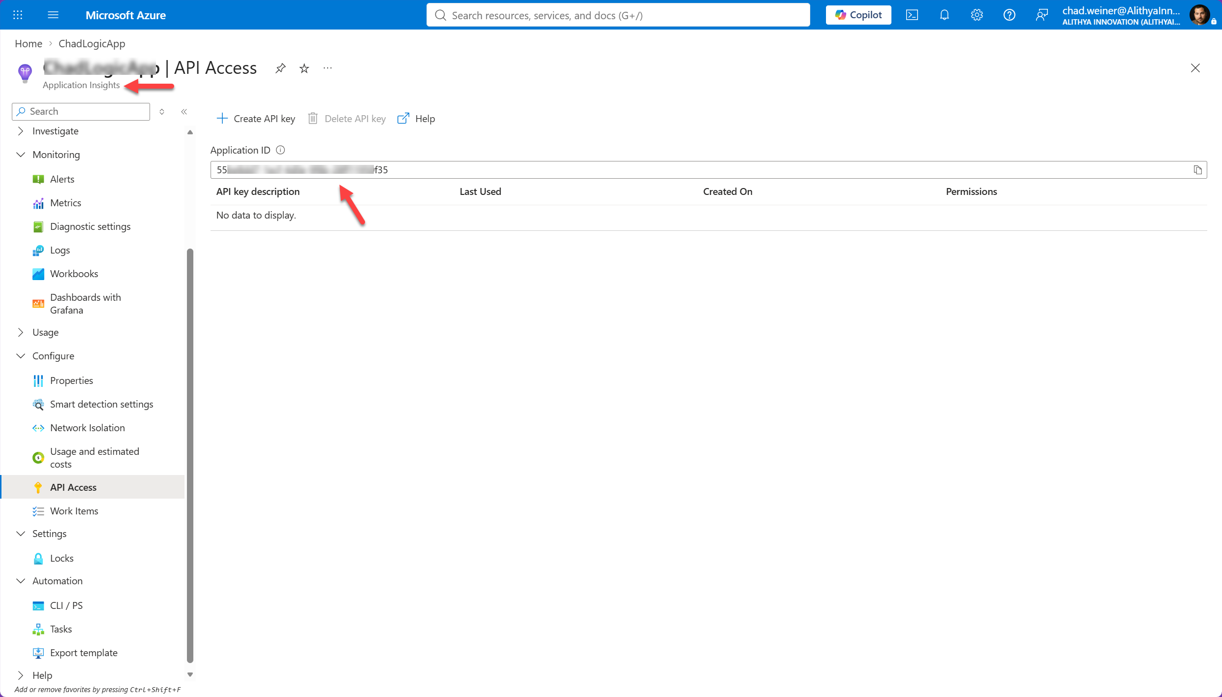 Azure Application Insights API Access page showing where to copy the Application ID