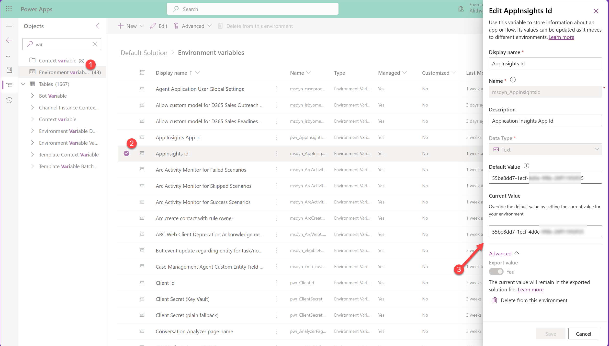 Power Apps environment variable editor showing the AppInsights Id default and current values.