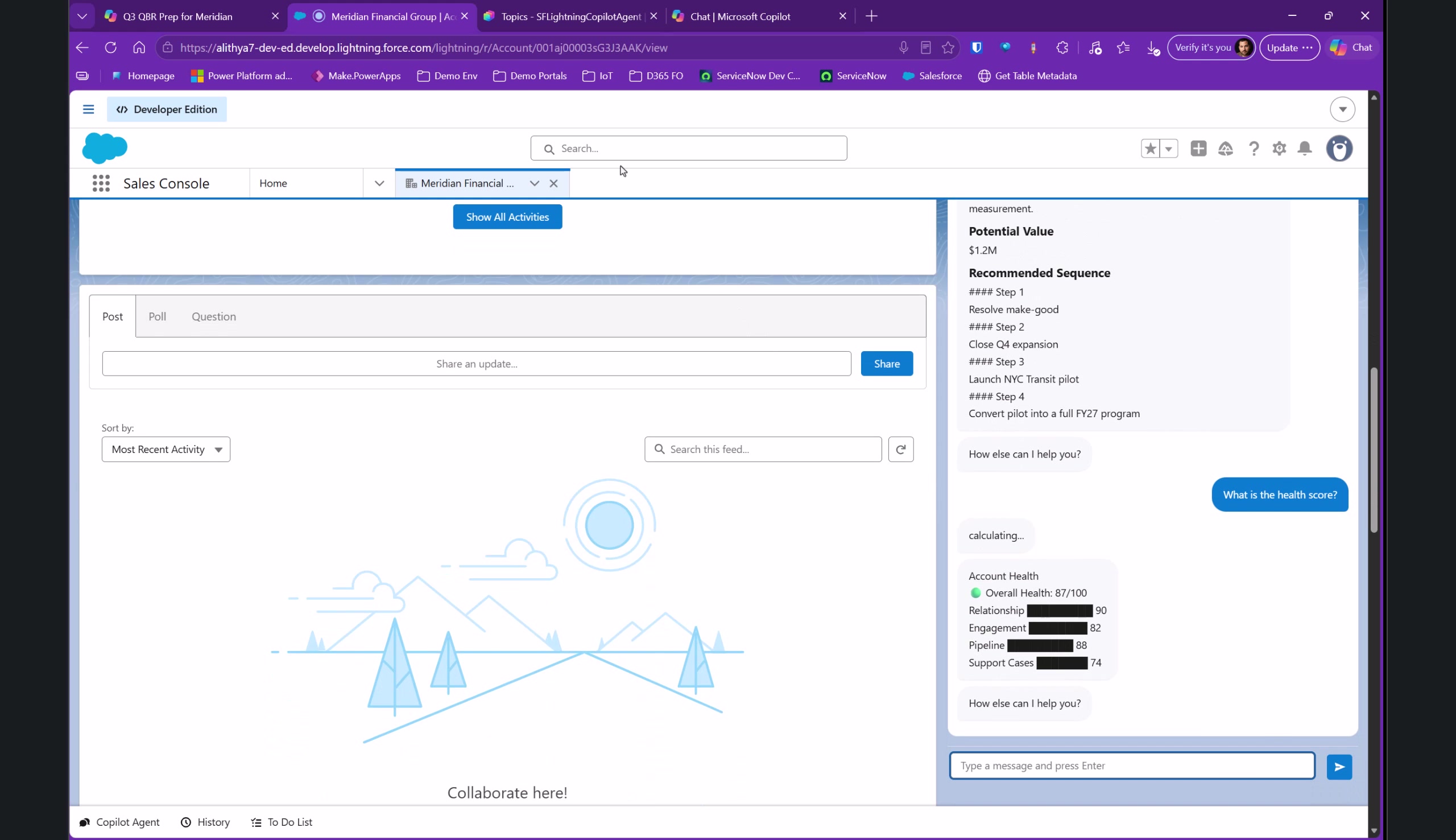 Embedded Copilot Studio agent showing account health and component scores while viewing a Salesforce account