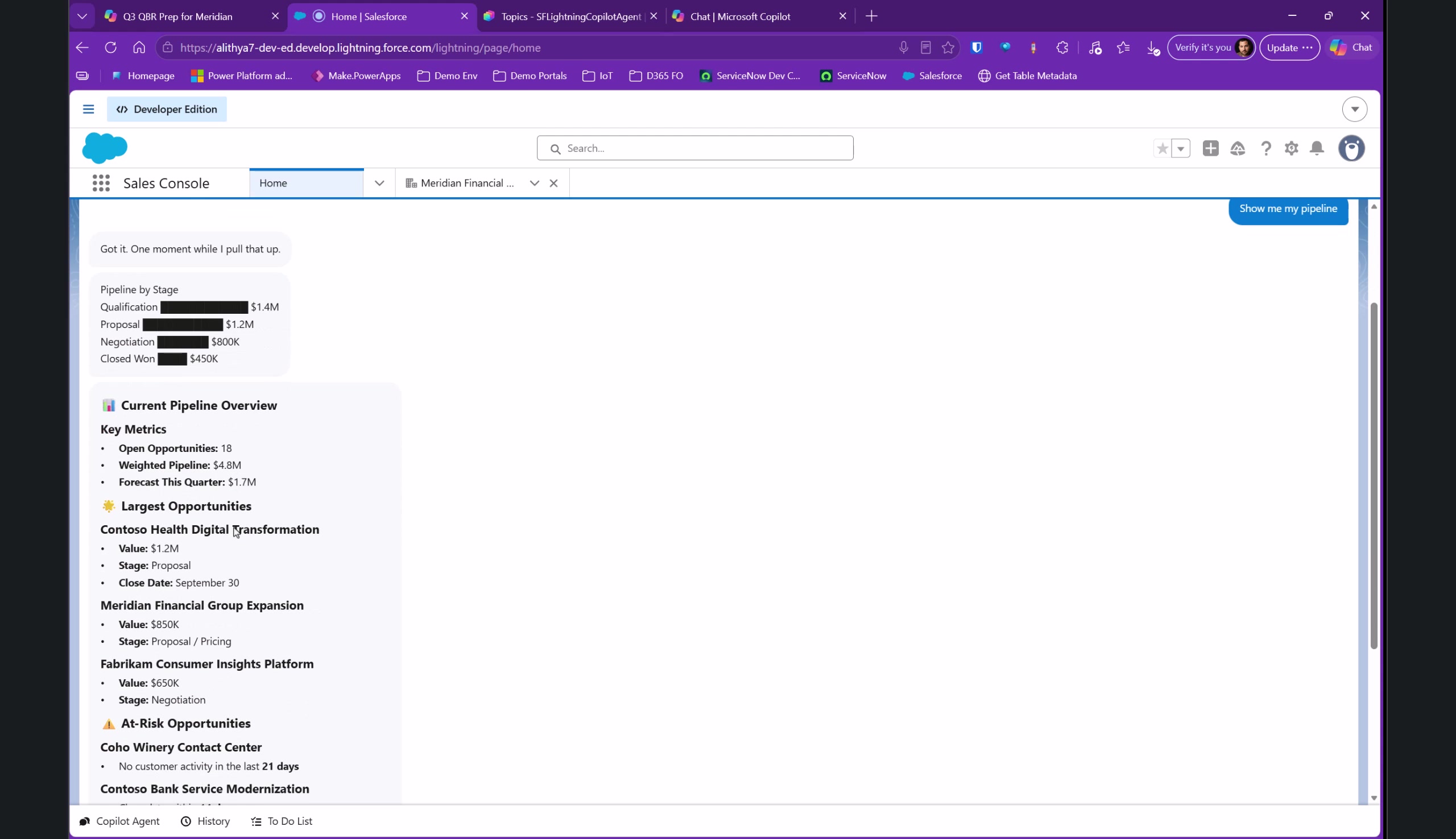 Copilot Studio agent embedded in Salesforce showing pipeline stages, current pipeline metrics, and at-risk opportunities