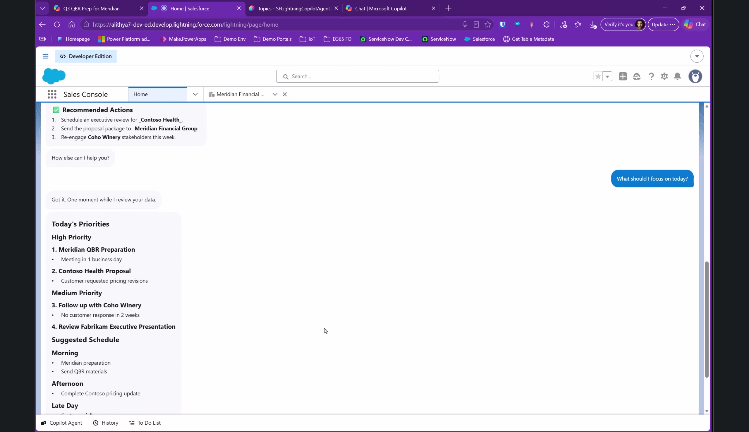 Copilot Studio agent in Salesforce showing recommended actions, today’s priorities, and a suggested schedule