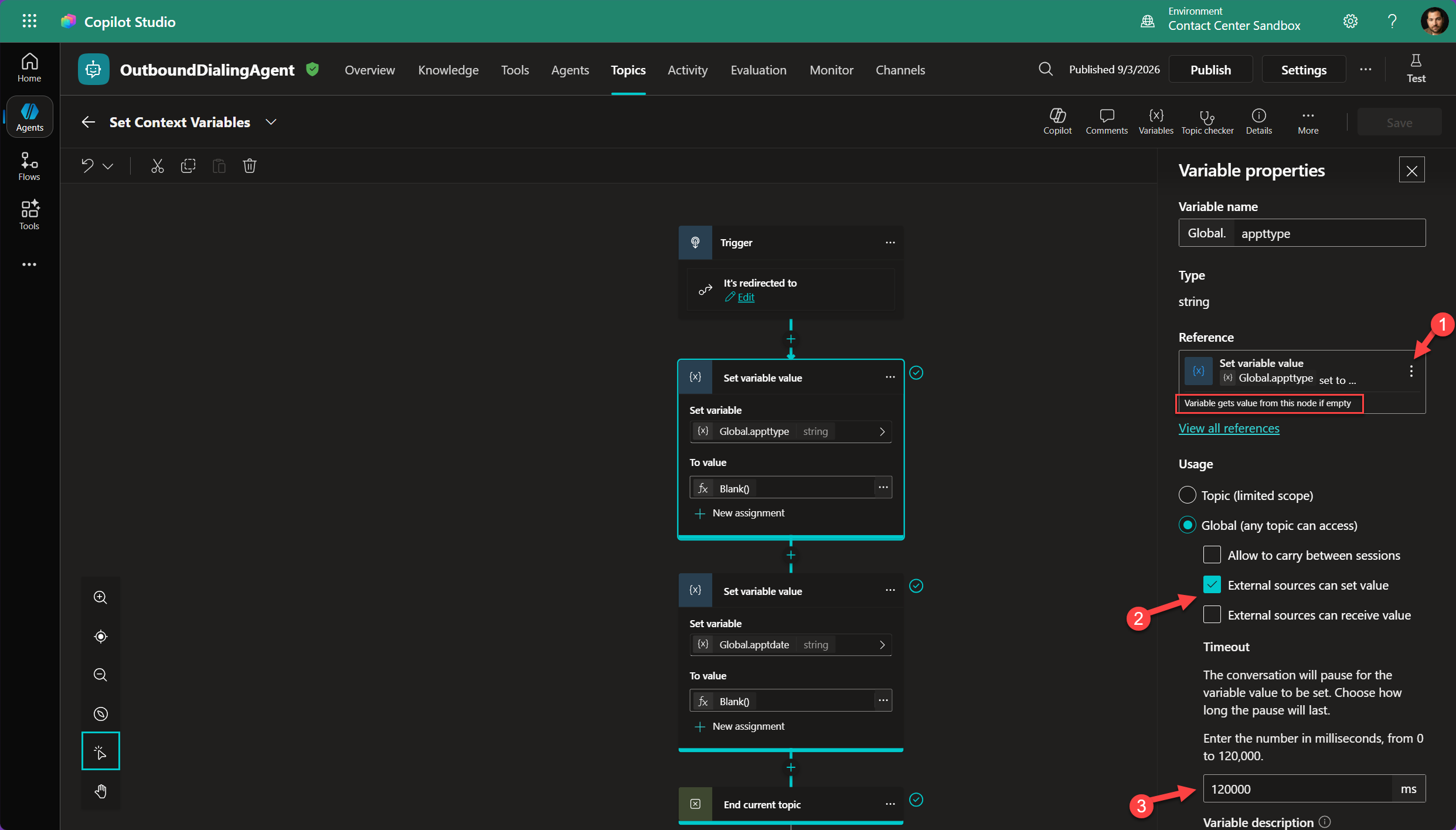 Copilot Studio setup topic with Global.appttype and Global.apptdate set to Blank(), external sources enabled, and a 120-second wait configured
