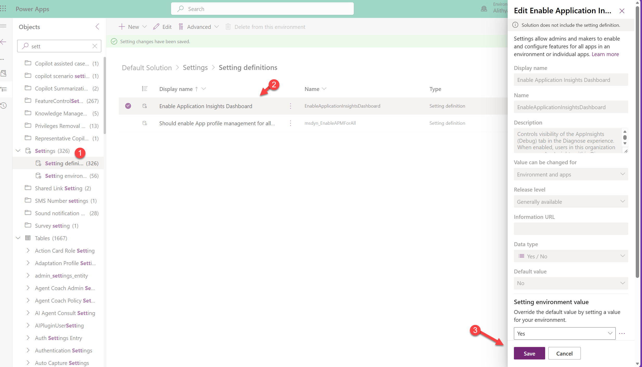 Power Apps setting definition for Enable Application Insights Dashboard with the setting environment value set to Yes.