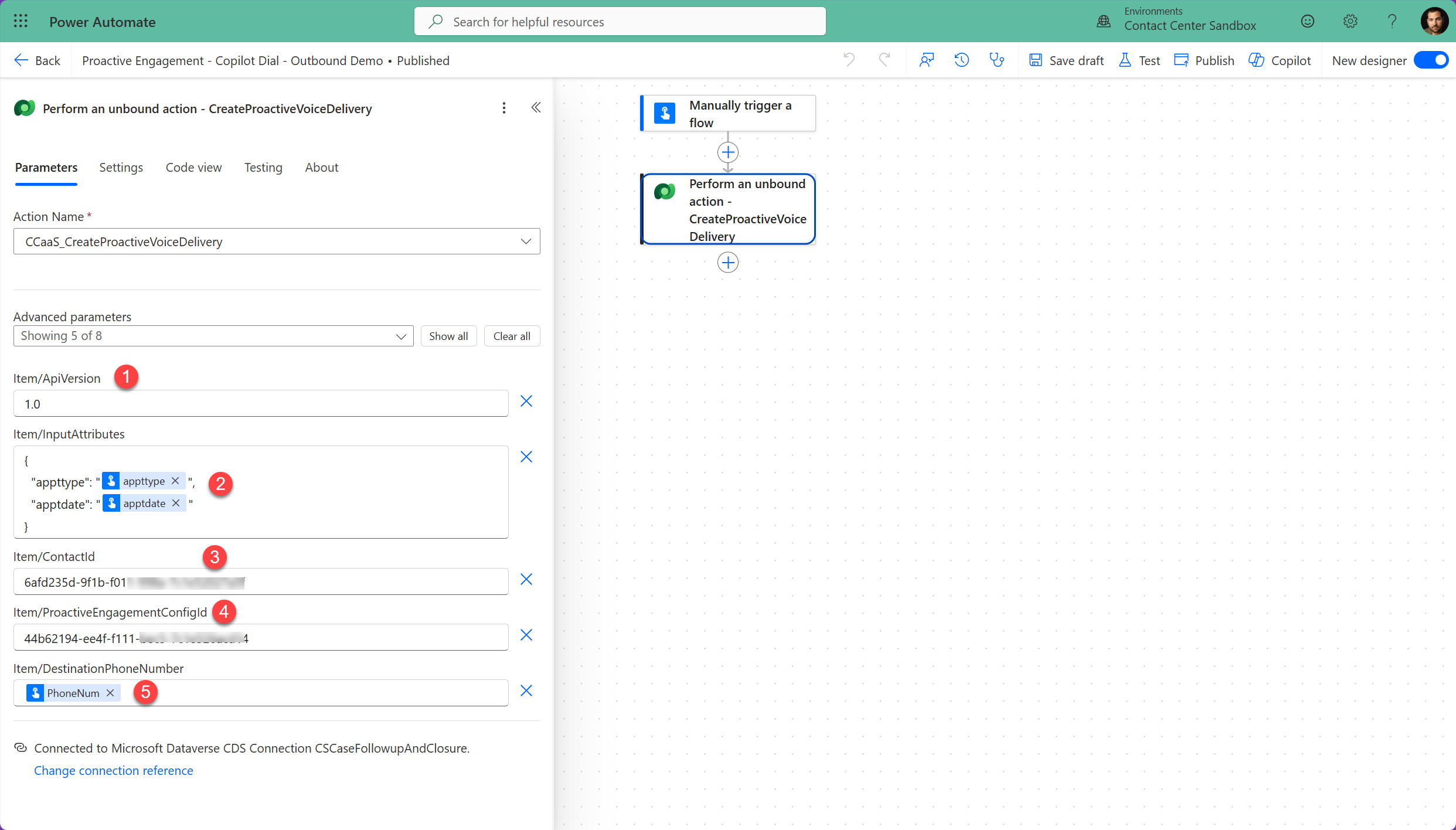 Power Automate configuration for CCaaS_CreateProactiveVoiceDelivery with ApiVersion, InputAttributes, ContactId, ProactiveEngagementConfigId, and destination phone number