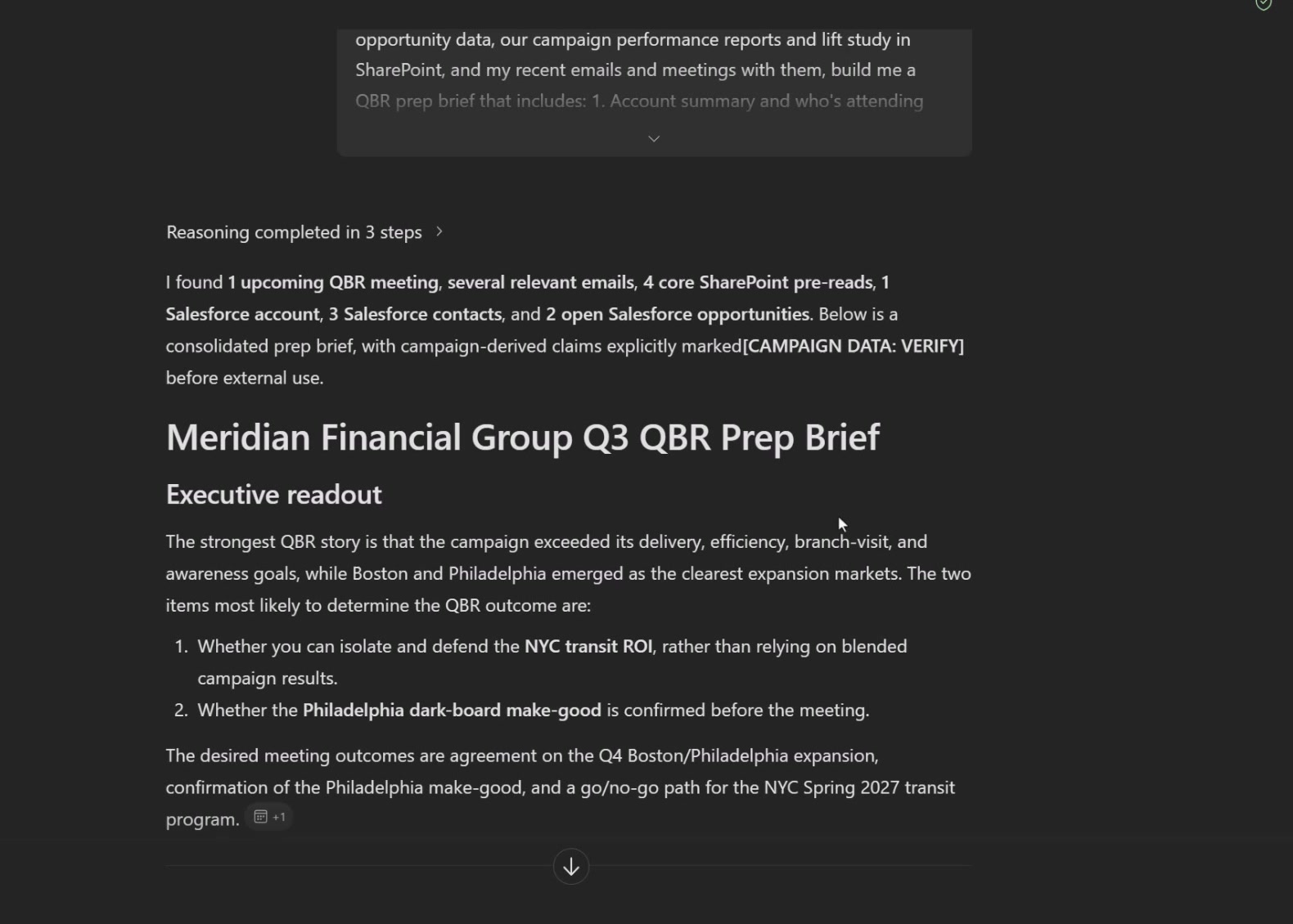 Microsoft 365 Copilot QBR preparation brief using Work IQ and Salesforce context.
