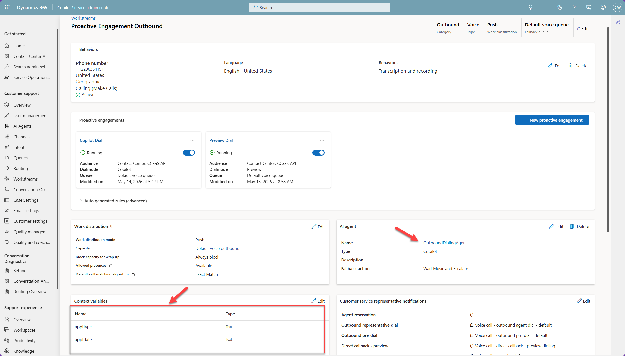 Outbound voice workstream with Copilot Dial proactive engagement, attached AI agent, and context variables highlighted