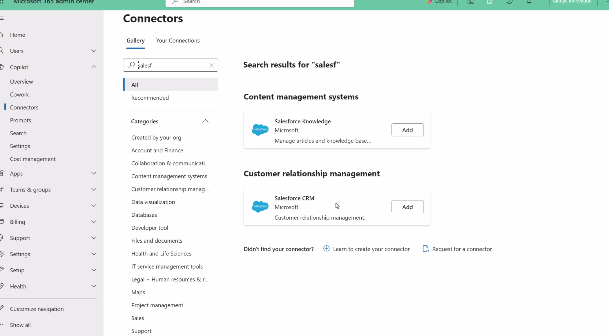 Microsoft 365 admin center Connector gallery showing Salesforce connector options.