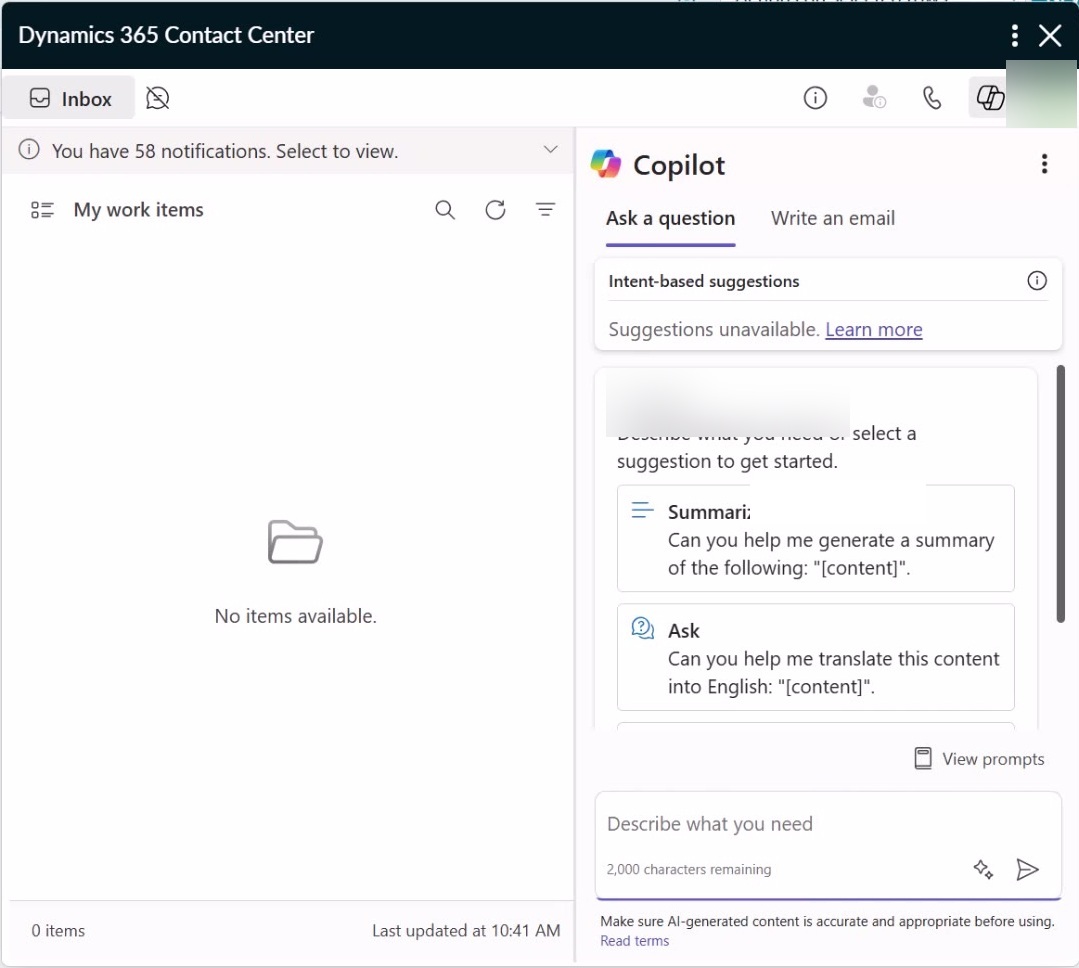 Dynamics 365 Contact Center inbox and Copilot panel open inside ServiceNow