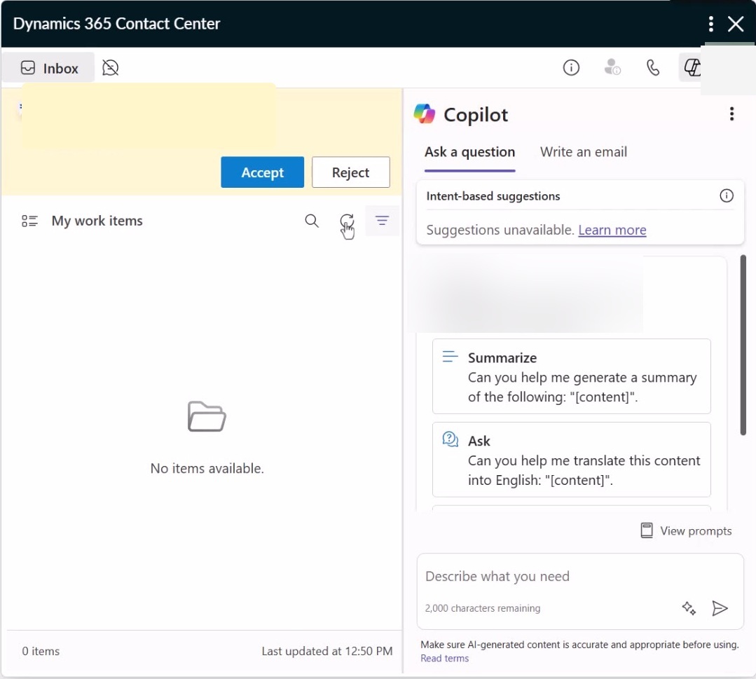 Incoming customer chat request in the embedded Contact Center widget; visitor details are redacted