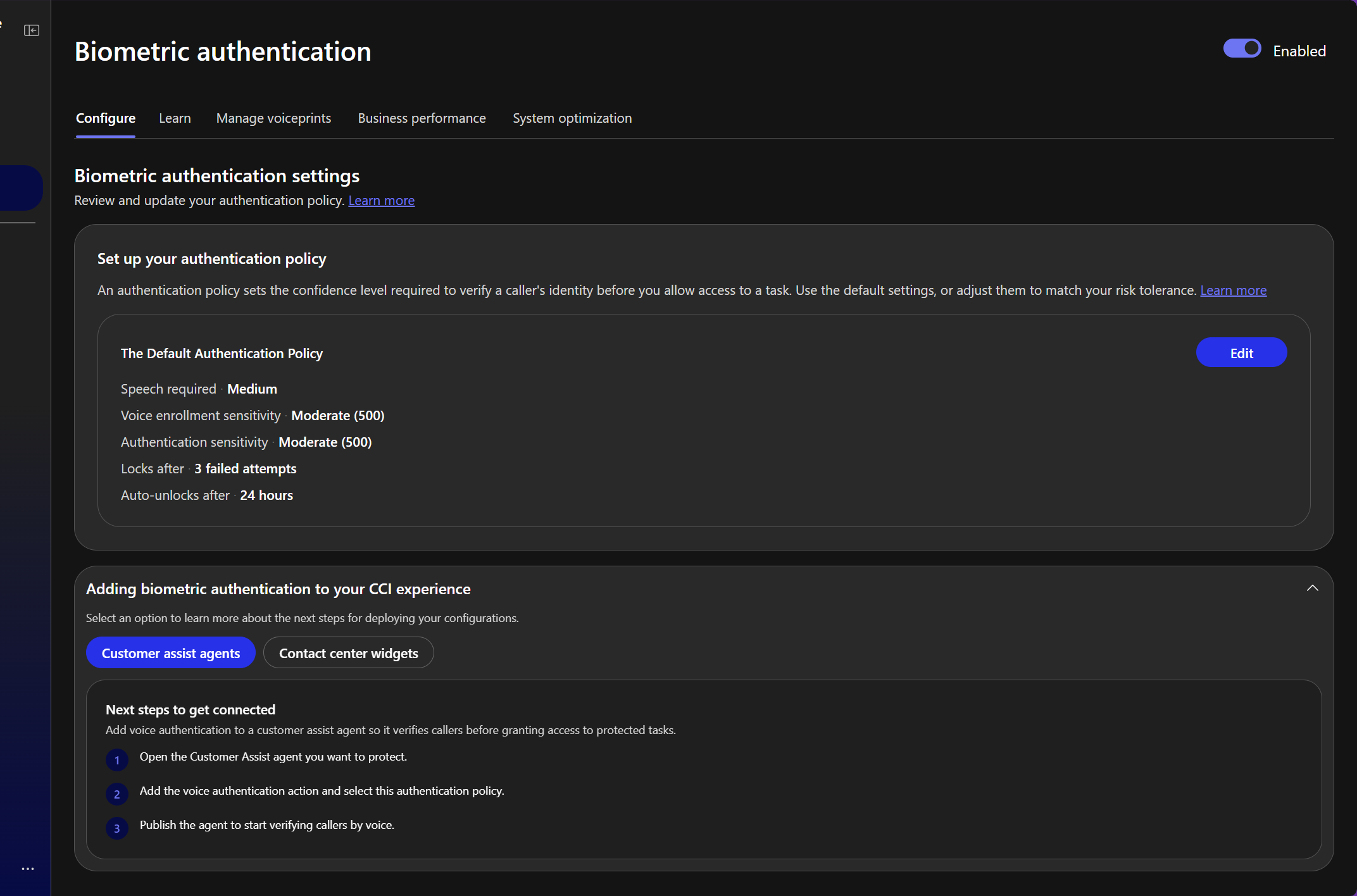 Biometric authentication settings in the Contact Center Intelligence portal.