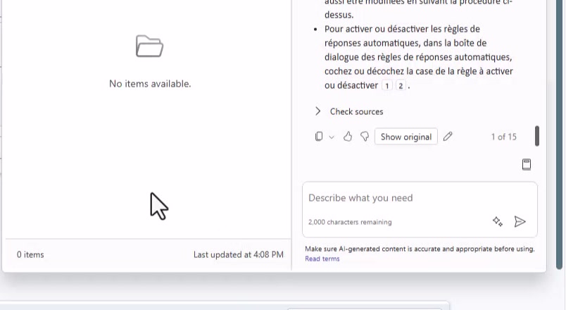 Embedded Dynamics 365 Contact Center widget showing a Copilot knowledge answer with source-review controls