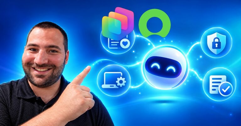 Presenter beside a Copilot-style employee self-service agent illustration.