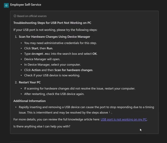 M365 Copilot Employee Self-Service agent displaying troubleshooting steps from a ServiceNow knowledge article for a USB port issue.