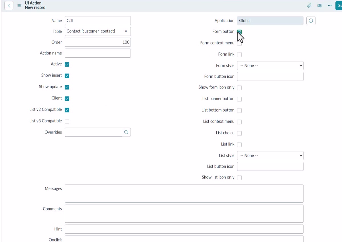 ServiceNow UI Action named Call configured as a client-side form button on Contact
