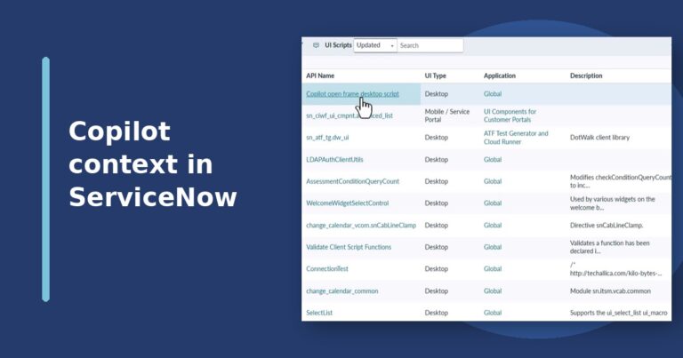 ServiceNow desktop UI script list showing the Global-scope Copilot context script.