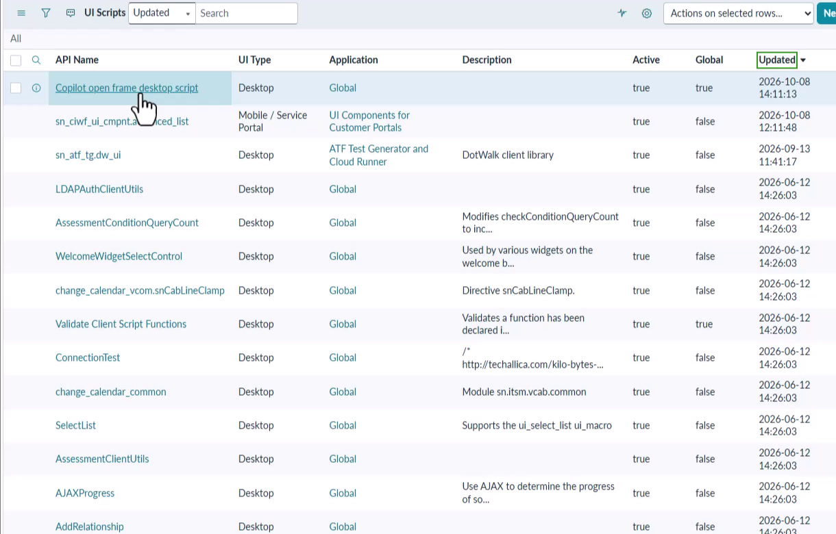 ServiceNow UI Scripts list showing the Copilot OpenFrame desktop script with Global enabled