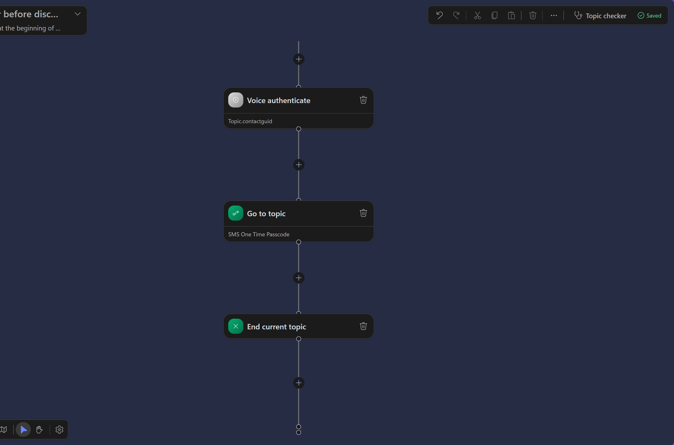 Customer conversation topic flow with a voice authentication step.